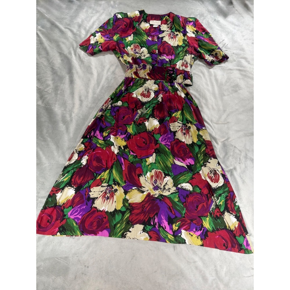 VTG Pellini Petites by Von Bramlett Belted Floral Dress 80's Sz 3/4 Made In USA